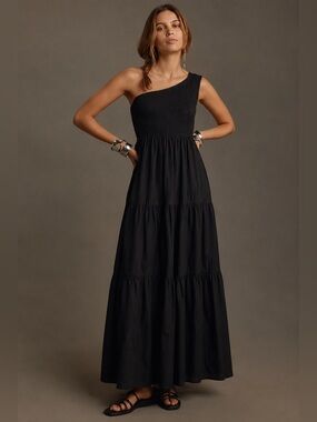 Anthropologie O.P.T Black One-Shoulder Tiered Maxi Dress